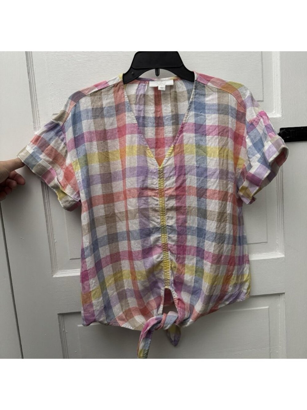 Charter Club Luxury Womens M 100% Linen Plaid Tie Front Blouse Multicolor